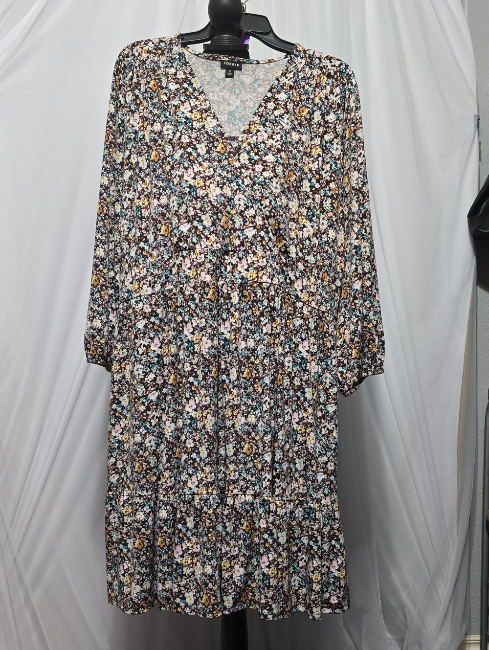 torrid Brown Floral Tiered Midi Dress with Pink & Blue Accents